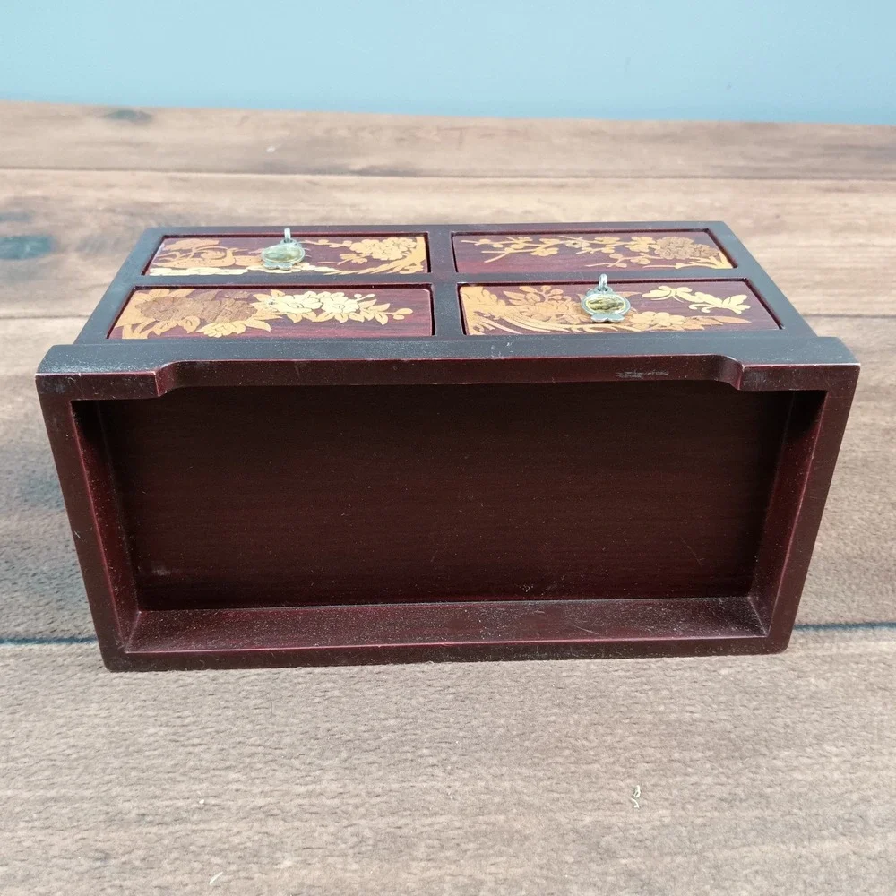VTG MCM Asian Cherry Wood Carved Birds Abalone Shell Jewelry Box